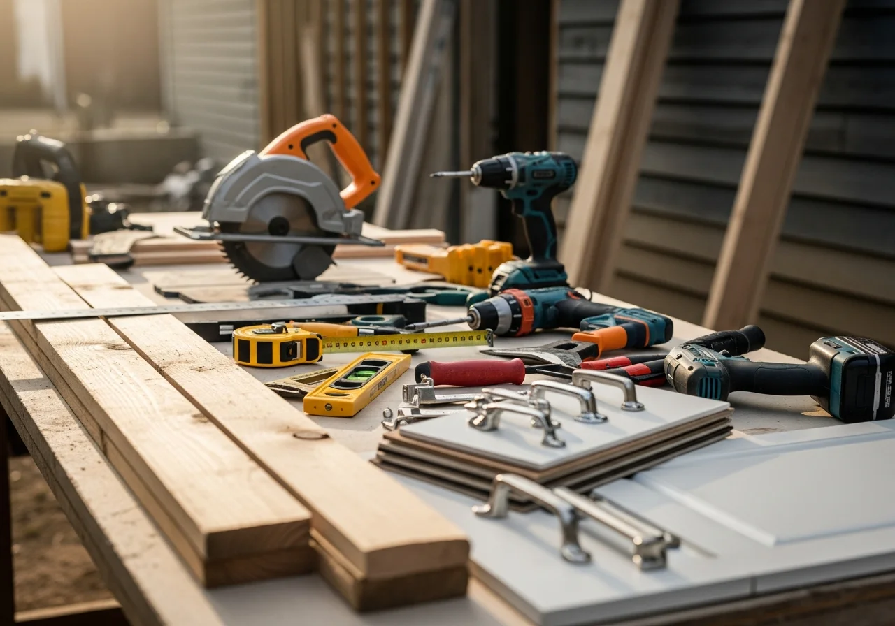 Construction crew tools and equipment staged on a residential job site, showcasing the range of carpentry and renovation work.
