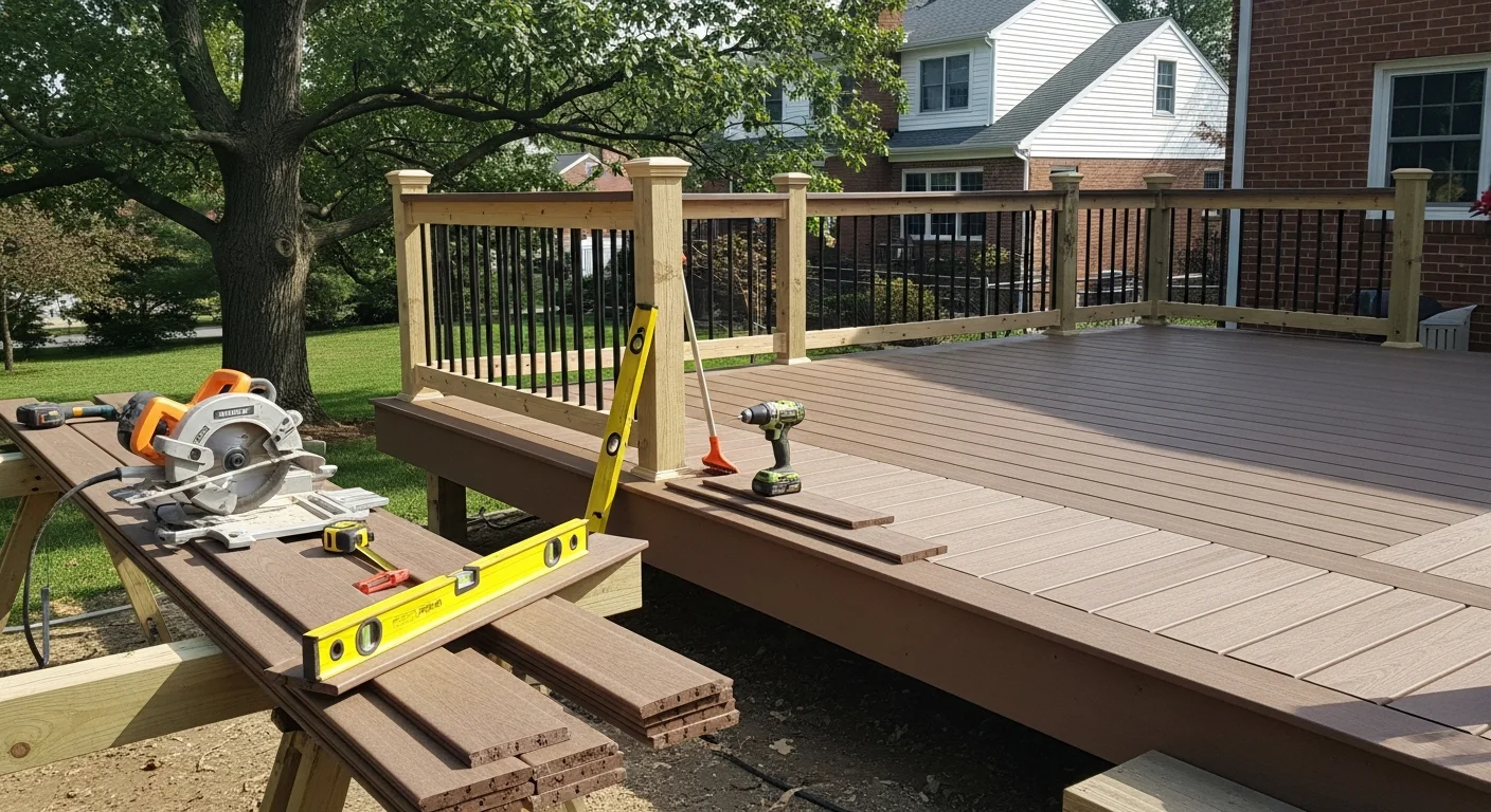 Custom deck with railing overlooking residential backyard