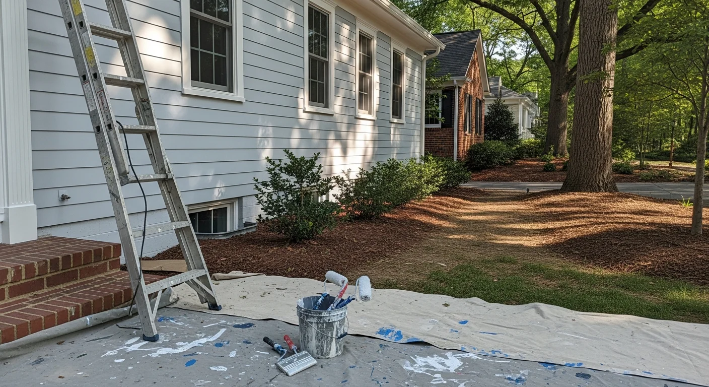 Professional painter applying exterior paint to residential home trim
