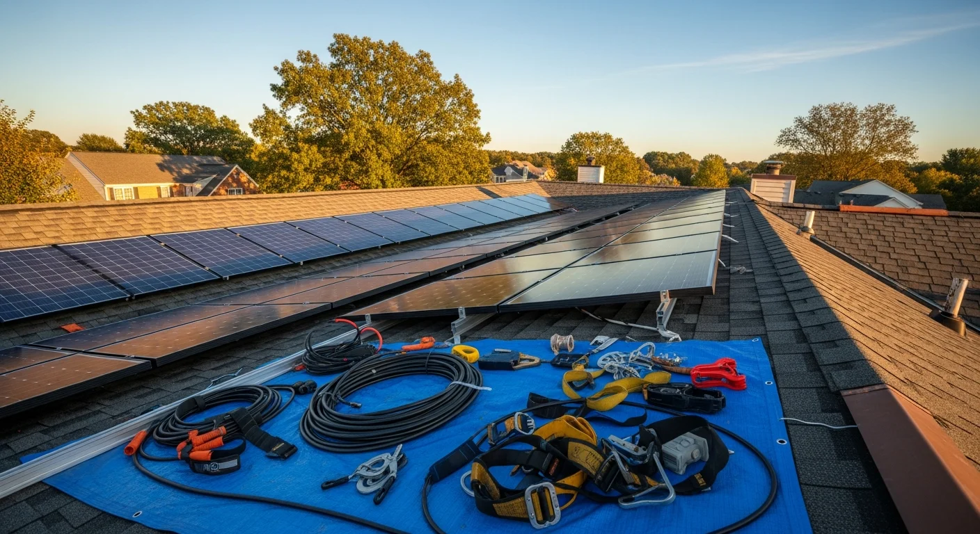 Professional technician carefully removing solar panels from residential roof in Boyds, Maryland