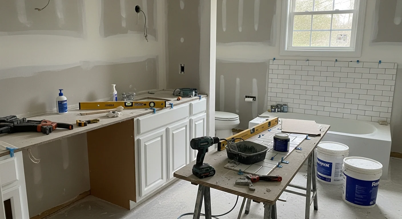A finished bathroom remodel in a Boyds, MD home showing a tiled walk-in shower, new vanity, and updated lighting. The space reflects a clean, functional layout typical of single-family homes in the Montgomery County area.