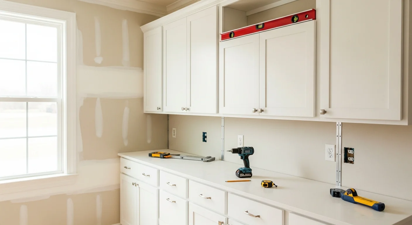 Newly installed wood-finish kitchen cabinets with open shelving and lower base units in a Boyds, MD single-family home. A carpenter checks cabinet alignment along a freshly painted wall during the final stage of installation.