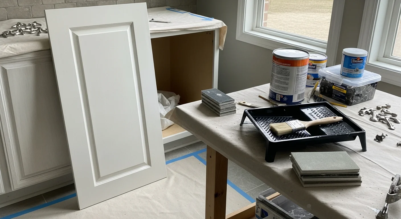 Freshly painted white kitchen cabinets with clean lines and smooth finish inside a single-family home in Boyds, MD. Cabinet doors are reinstalled with hardware after a professional painting service by SRK Home Improvement LLC.