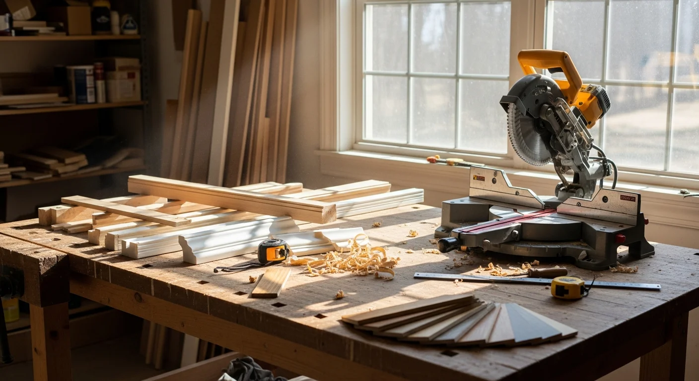 Custom built-in shelving and trim carpentry installed in a Colonial-style home interior in Boyds, MD. Clean wood joinery and painted finish carpentry visible along the walls and window casings.