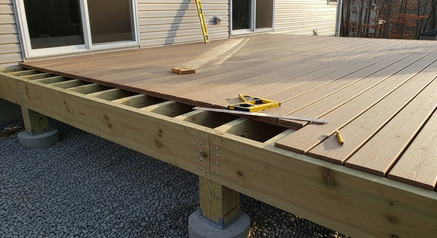 A newly built custom wood deck attached to the back of a residential home in Boyds, MD, with clean board lines, a railing system, and stairs leading to a grassy backyard. The deck shows a multi-level layout suited to a sloped Montgomery County lot.