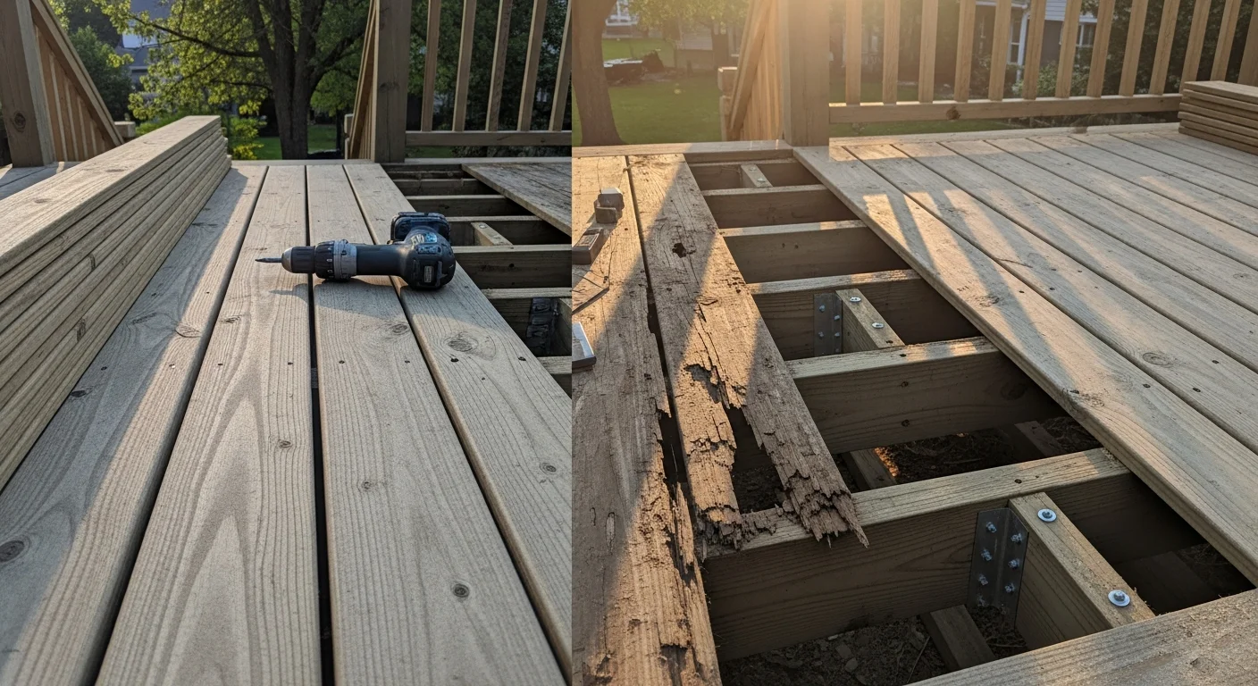 A repaired residential wood deck on a single-family home in Boyds, MD, showing replaced boards, secure railings, and a clean surface ready for use. The deck is attached to the rear of the house with a yard and tree line visible in the background.