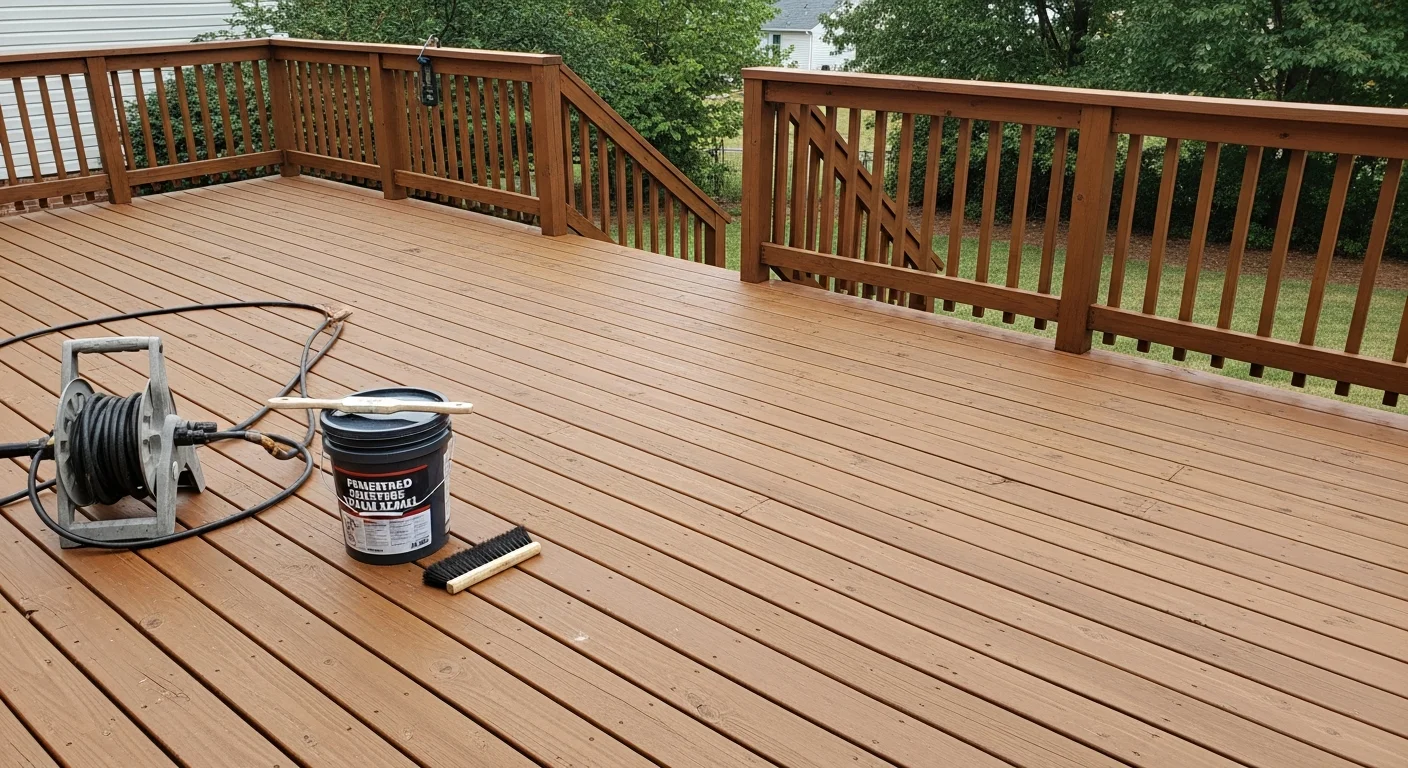 A restored wood deck on a residential home in Boyds, MD, showing clean, evenly stained boards and solid railings after professional deck restoration. The surface is free of mold, gray weathering, and peeling finish.