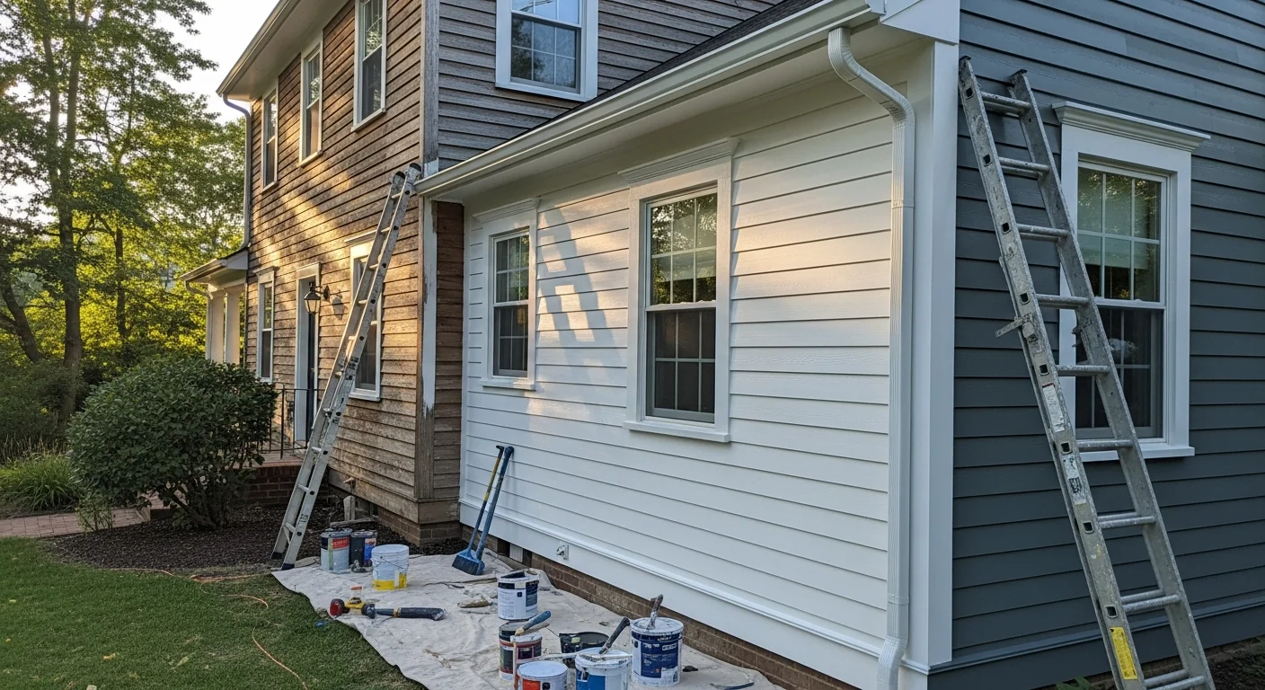 Freshly painted two-story single-family home exterior in Boyds, MD, showing clean siding, painted trim, and a finished front door. SRK Home Improvement LLC exterior painting work on a residential property in Montgomery County.