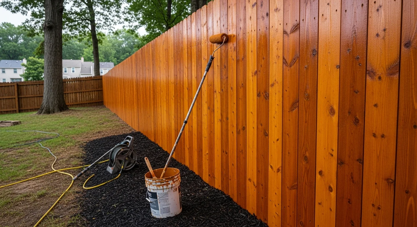 A freshly stained wood privacy fence along the backyard of a Boyds, MD home, showing an even, clean finish on all boards. The fence runs along a green lawn with a residential street visible in the background.