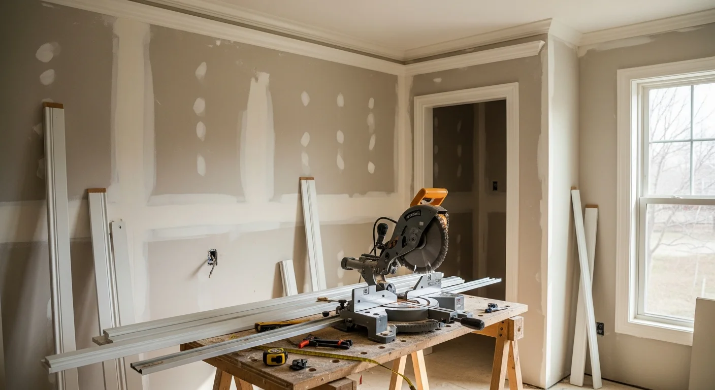 Interior finish carpentry installation showing crown molding and painted baseboards in a residential room in Boyds, MD. A carpenter fits trim around a door casing in a Colonial-style home.