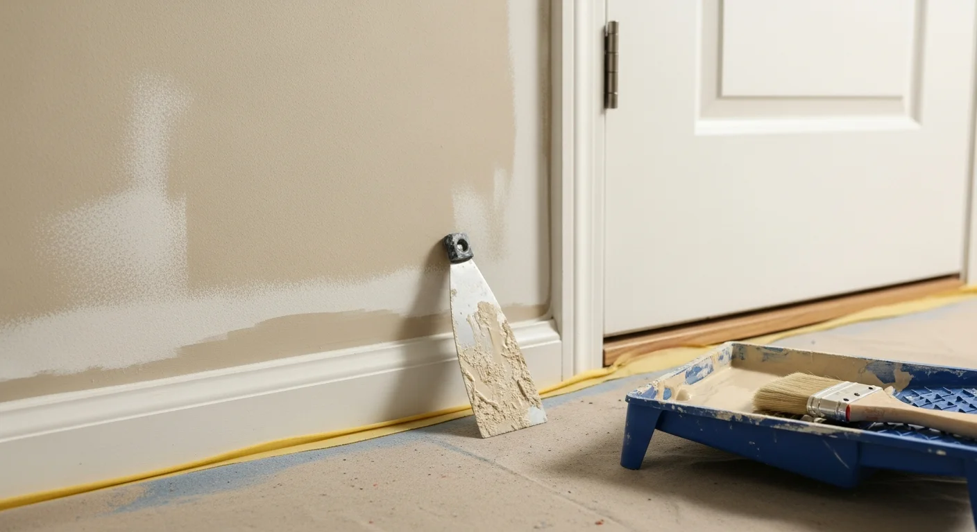 Interior room in a Boyds, MD single-family home with freshly painted walls, clean trim lines, and uniform ceiling coverage. A professional painter from SRK Home Improvement LLC applies a smooth coat along a baseboard in a multi-story Colonial-style home.