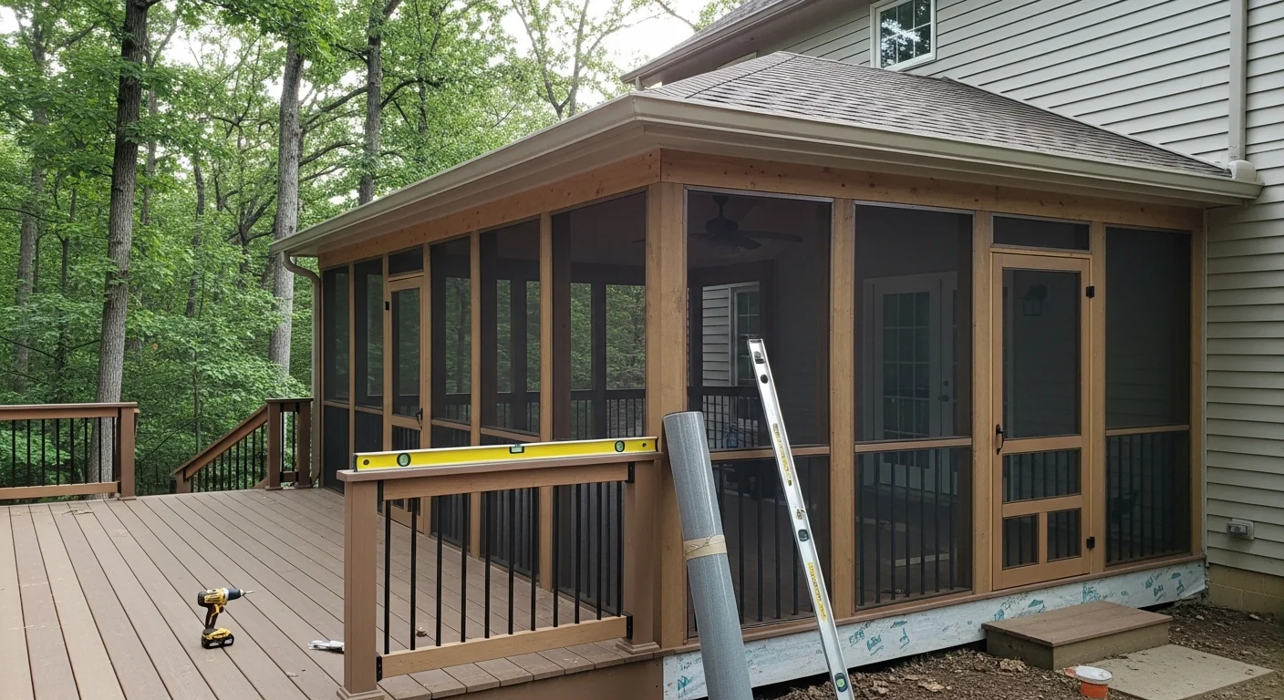 A newly installed screened porch on the back of a single-family home in Boyds, MD, featuring a wood-framed structure with full screen panels and a view of a wooded backyard. The porch connects directly to the home's rear door and includes a finished ceiling and trim that matches the house exterior.