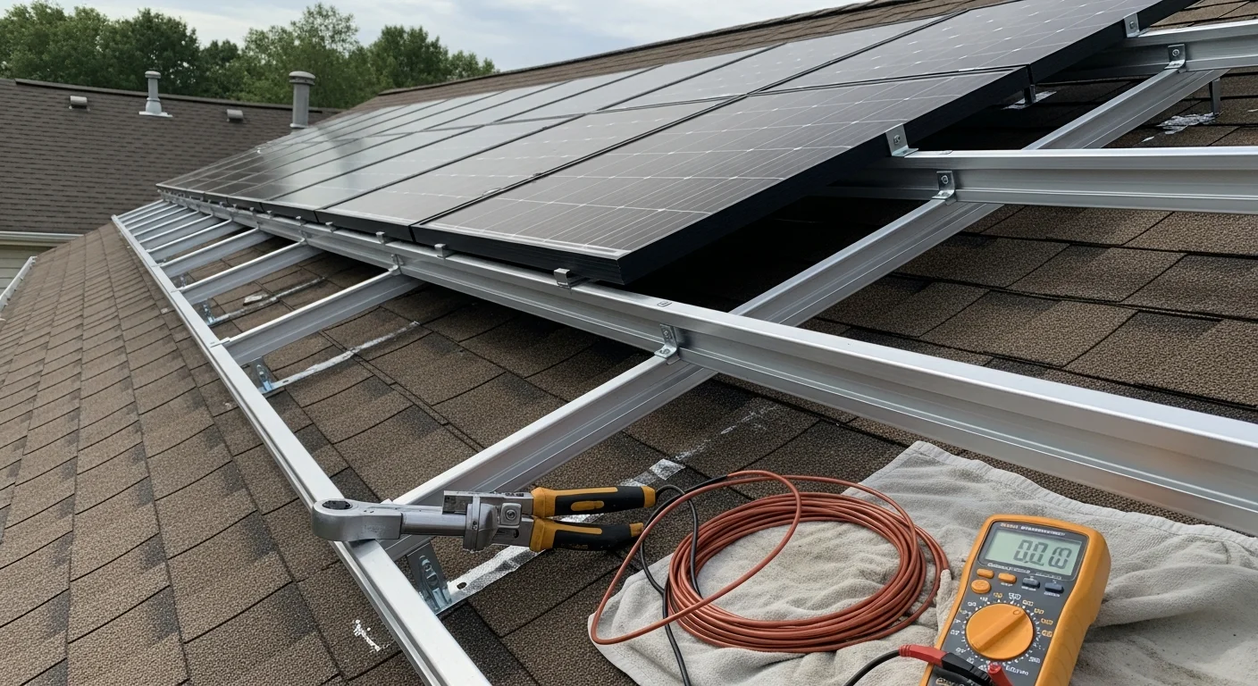 A technician from SRK Home Improvement LLC remounting solar panels on a residential rooftop in Boyds, MD after a roof replacement. The panels are aligned on fresh racking with new flashing visible at each mounting point.