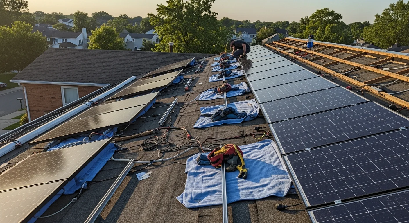 A contractor carefully removing rooftop solar panels from a residential home in Boyds, MD, with racking hardware and panels staged on the ground nearby. The roof deck is exposed and ready for replacement work to begin.