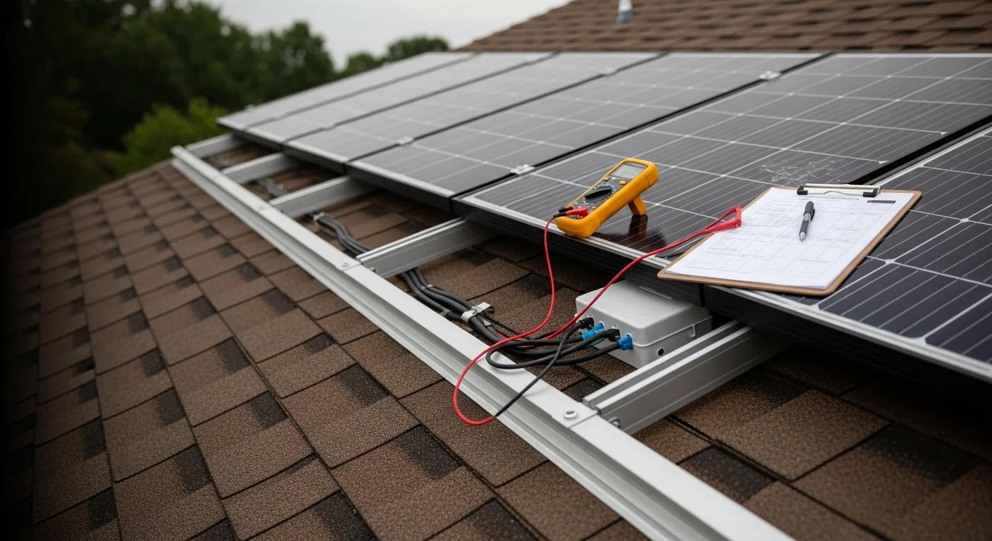 A technician inspecting rooftop solar panels on a residential home in Boyds, MD, checking mounting hardware and wiring connections. The image shows a close-up view of panel surfaces and racking components on a pitched roof.