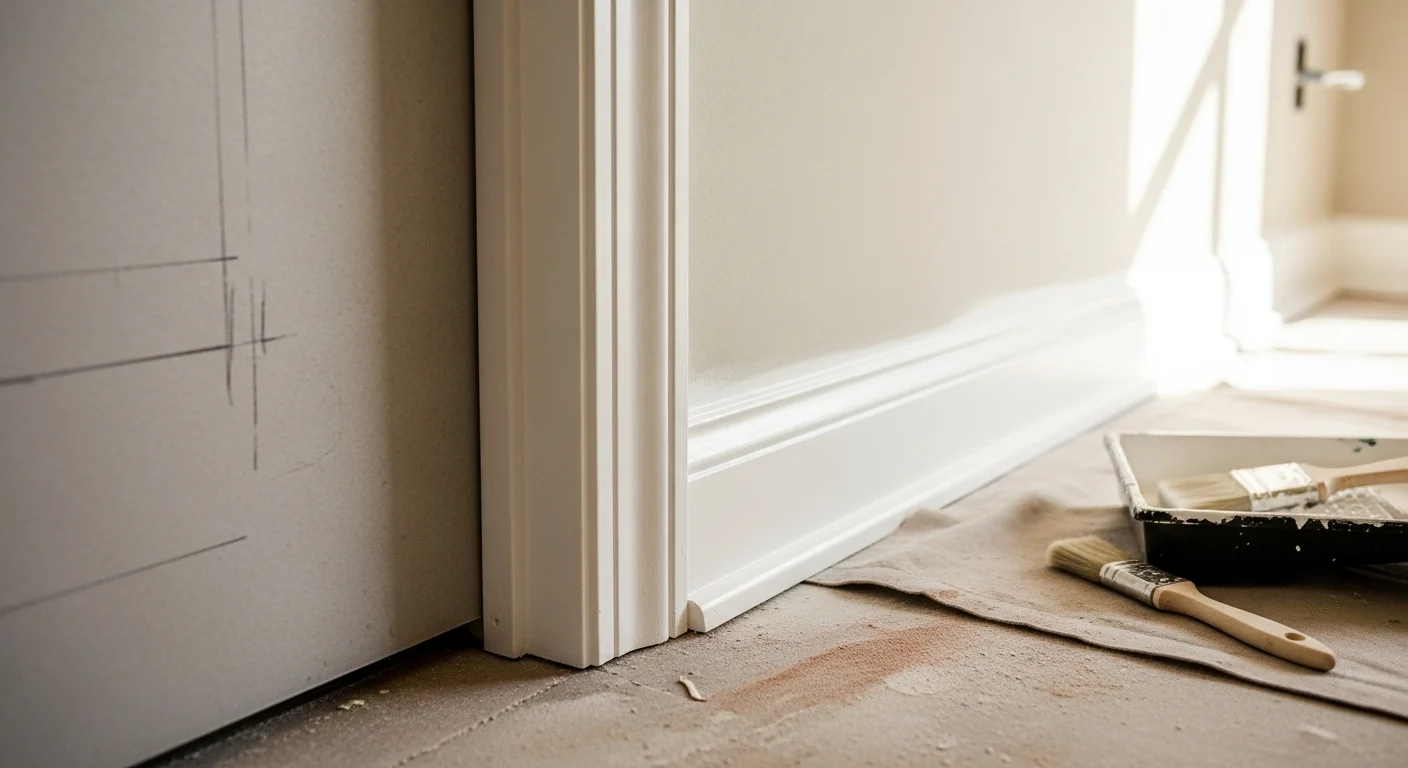 A professional painter applying white semi-gloss paint to interior door casing trim inside a Boyds, MD home, with clean tape lines protecting the adjacent wall. Close-up view shows a smooth, even finish on the wood molding with no drips or brush marks.
